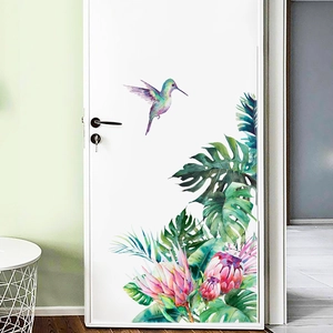 Tropical watercolor wall sticker with hummingbird, monstera leaves and pink protea flower