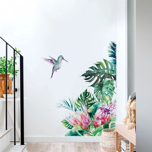 Watercolor tropical plants and hummingbird wall sticker for home background decor