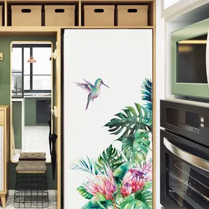 Detail of tropical hummingbird and monstera leaf watercolor PVC wall stickers on white fridge