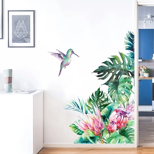 Watercolour Tropical Plant Bird Wall Sticker PVC Monstera Leaf Protea Flower Removable Decal For Living Room Bedroom Decor