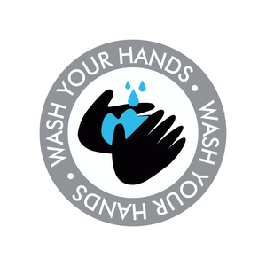 Detail of a round Wash Your Hands wall sticker with clear water drop icon and bold text