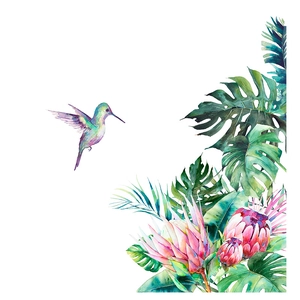 Detail of tropical monstera leaves and hummingbird watercolor wall sticker art