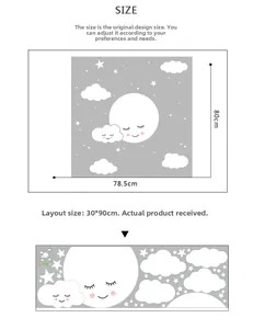 Size guide for cartoon wall stickers showing layout dimensions and final wall coverage