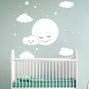 Cartoon Smiling Moon Stars Clouds Wall Stickers For Kids Room Bedroom Nursery PVC Removable DIY Decorative Mural Decal