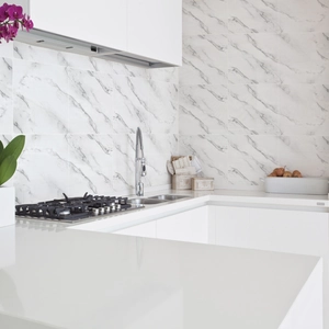 Self-adhesive white marble tile stickers for kitchen backsplash with grey natural marble patterns