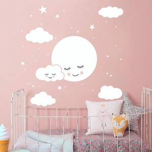 Cartoon wall stickers with smiling moon clouds and stars for children room decoration