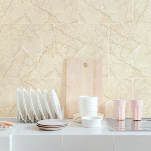 Kitchen marble pattern wall sticker with beige finish and modern cooking accessories