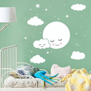 Cartoon moon clouds and stars wall stickers for kids nursery in white and pink
