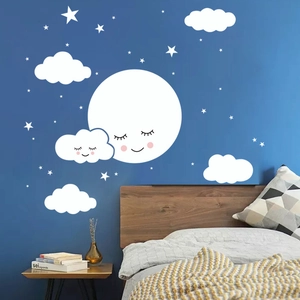 Cartoon moon clouds and stars wall stickers set for nursery room wall decoration
