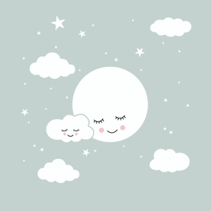 Detail of cartoon smiling moon and white clouds wall stickers for kids nursery decor