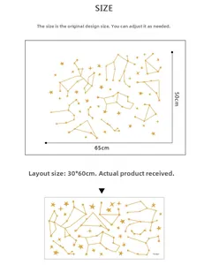 Size guide for gold constellation wall stickers showing 50x65cm layout and 30x60cm sheet