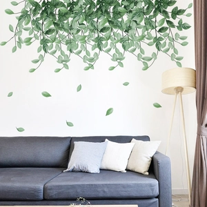 Creative falling green leaves wall decal for home decor, removable PVC plant stickers