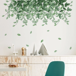 Minimalist green leaf wall stickers made of PVC for a creative Nordic kitchen decor