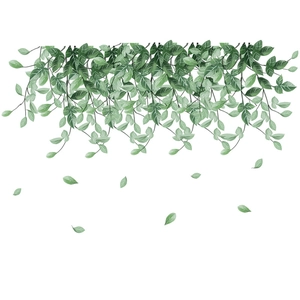 Macro view of watercolor green vine wall stickers with falling leaves on white background