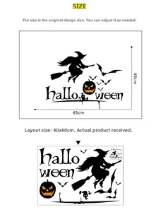 Detail showing Halloween wall sticker layout with witch pumpkin and size measurements