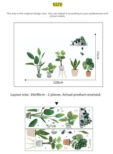Detail view of Nordic potted plant wall stickers layout and 120x73cm dimensions guide