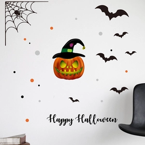 Halloween Pumpkin Witch Hat Wall Stickers Cute Bat Spider Web PVC Decals Happy Halloween Home Living Room Wall Decor