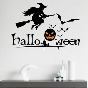 Halloween wall sticker featuring a witch on broom, bats, and pumpkins for home decoration