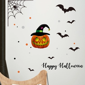 Halloween wall sticker set featuring pumpkin with witch hat, bats, and Happy Halloween text