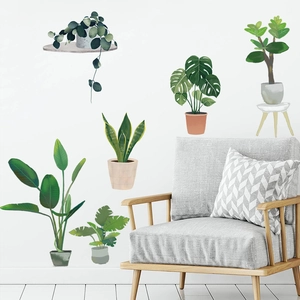 Nordic style watercolor potted plants wall stickers set for living room and bedroom decor