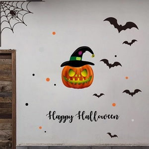 Halloween wall sticker set featuring pumpkin with wizard hat and bats on white wall