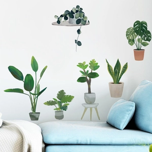 Nordic style potted plant wall stickers set featuring monstera and snake plants for home decor
