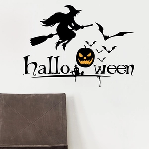 Halloween wall sticker set featuring black witch on broom, bats, and pumpkin decor