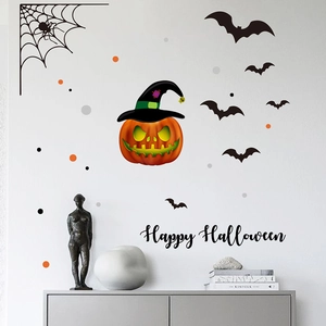 Halloween wall sticker set featuring pumpkins with hats, bats and Happy Halloween text