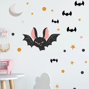Cartoon Bat Halloween Wall Sticker Set PVC Removable Moon Star Decor For Kids Room Nursery Bedroom Halloween Party Home Decoration