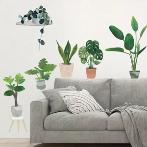 Nordic style potted plant wall stickers set with tropical green leaves for home decor