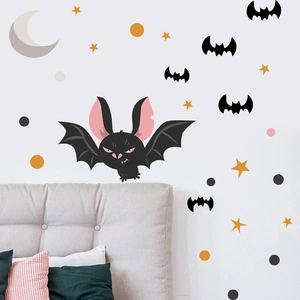 Cartoon Halloween wall stickers featuring a cute bat with stars and moon on a white wall
