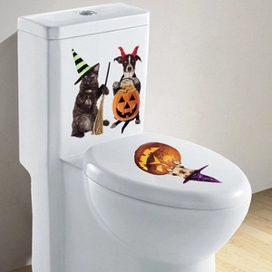 Halloween cat and dog themed toilet seat stickers with witch hat and pumpkin decor