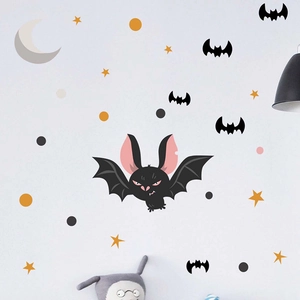 Cartoon Halloween wall sticker set featuring cute bats, yellow moon and stars for decor