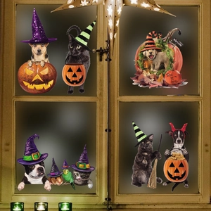 Halloween window decals featuring cute pets in wizard hats with pumpkins and stars