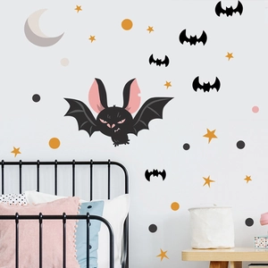 Halloween cartoon bat wall stickers with moon and stars for kids bedroom decoration