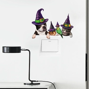Halloween pets wall stickers with cute cat and dog in wizard hats for switch decor