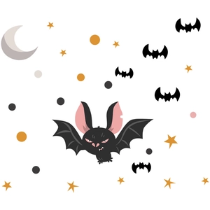 Flat lay of cartoon Halloween bat wall stickers with yellow stars and decorative dots