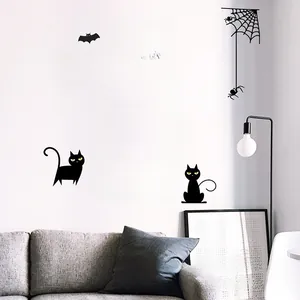 Halloween wall sticker featuring black cats, pumpkins, and spiders for living room decor