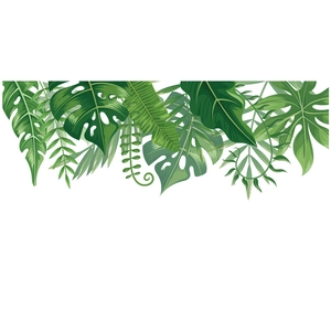 Detail of tropical monstera and palm leaves wall decals for minimalist home decor