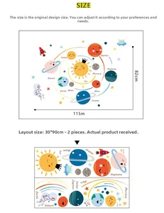 Detailed solar system wall decal layout with planets and astronauts measuring 115x82cm