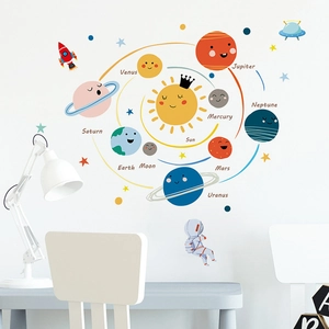 Cartoon solar system wall stickers with astronaut and planets for kids room decoration