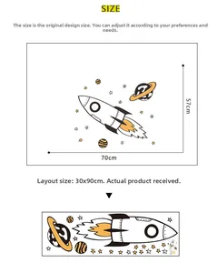 Space wall stickers size details showing 70x57cm layout for rocket and planets decor