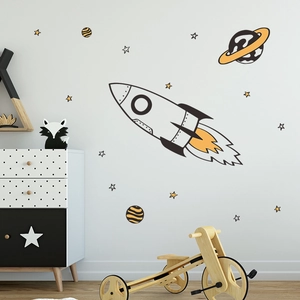 Cartoon space wall stickers with rocket and planets for nursery and kids room decor