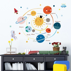 Cartoon solar system wall stickers with planets and astronauts for kids room decoration