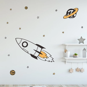Cartoon space rocket and planets wall stickers for kids nursery and bedroom decor