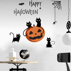 Halloween wall sticker set with black cats, pumpkins, and spiders for festive home decor