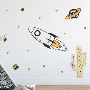 Cartoon space rocket and planets wall decals set for kids room and nursery decor