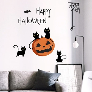 Halloween wall sticker set featuring black cats, pumpkin lantern, and spider webs for home decor