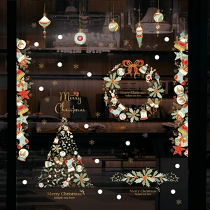 Christmas Window Stickers Static Cling PVC Reusable Xmas Tree Wreath Snowflakes Gold Decoration For Glass Door Shop Home Holiday Decor