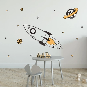 Cartoon space rocket and planets wall decals set for kids room and nursery decor